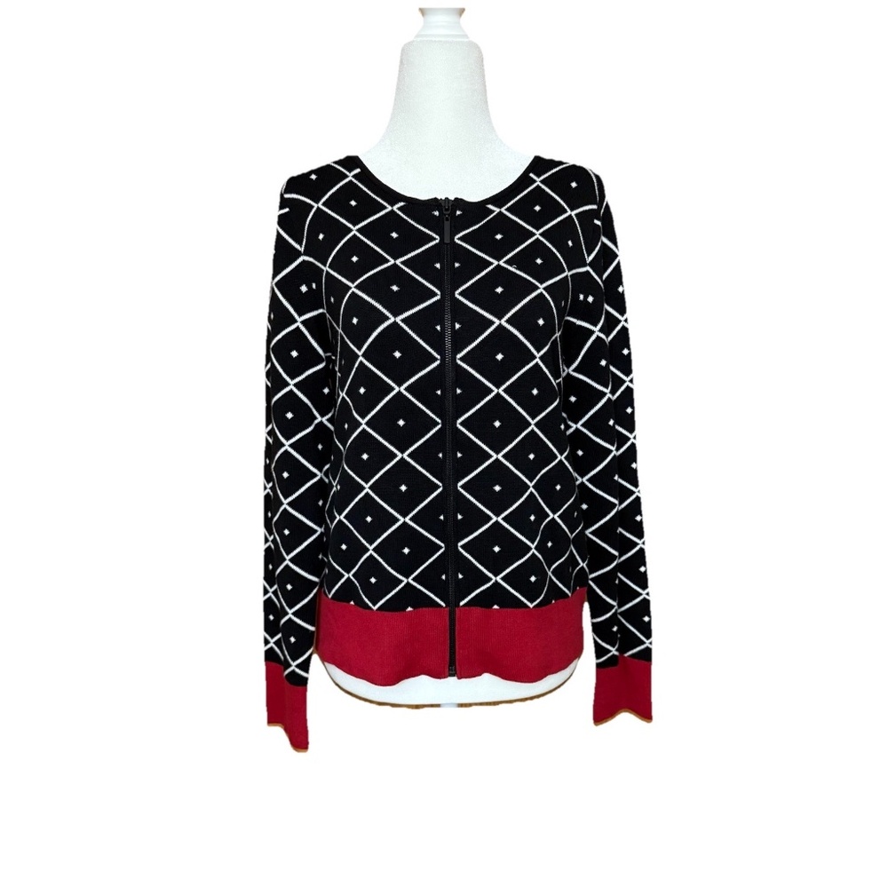 Chico’s Size 1 US M Bianca Diamond Jacquard Cardigan Sweater Black Zip NWT $109